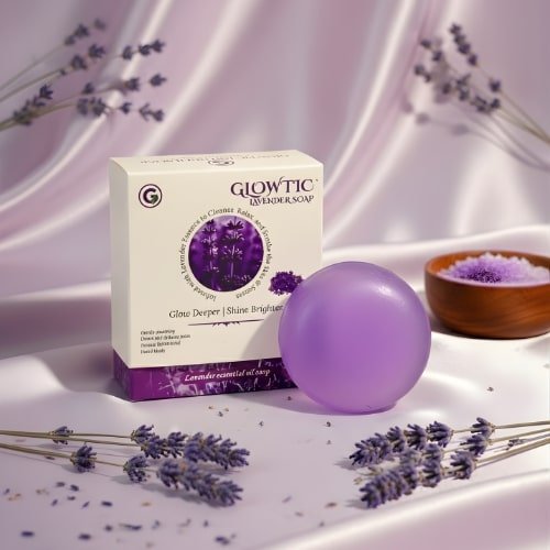 Glowtic Lavender Soap product image with lavender essential oil for soothing skin and relaxing daily bath.