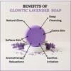 Benefits of Glowtic Lavender Soap showing calming skin, deep cleansing, aromatherapy relaxation, and natural glow.