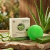 Glowtic Aloe Vera Soap with fresh aloe vera gel for skin hydration, soothing, and natural glow.