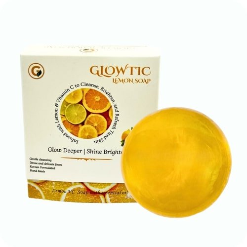 Glowtic Lemon Soap skin brightening bathing bar with lemon extracts, natural lemon soap for glowing skin, daily use face and body soap.