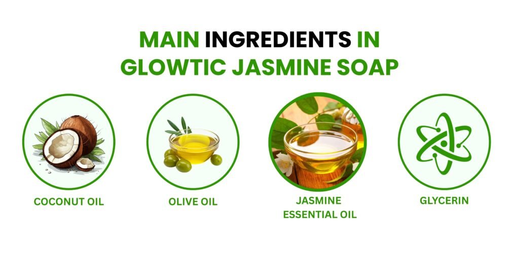 Glowtic jasmine soap ingredients coconut oil olive oil jasmine essential oil glycerin natural jasmine soap formula